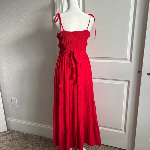 Lulus Seek Your Sunshine Red Tie-Strap Cutout Tiered Maxi Dress M Vacation - Picture 4 of 13
